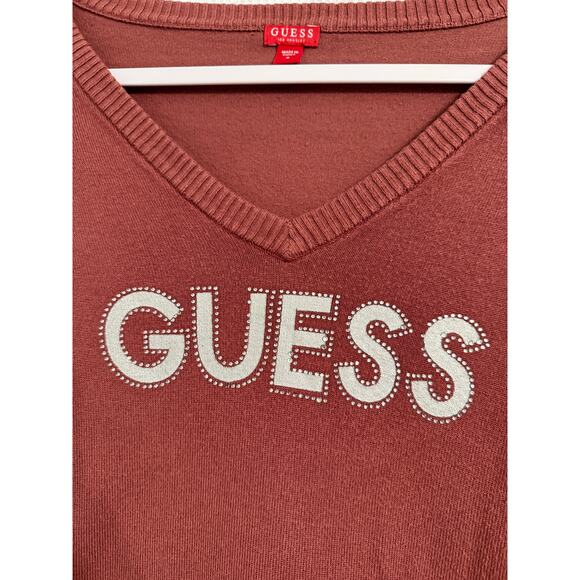 Guess Women's S Y2K Preppy Logo Silver Rhinestone V Neck Knit Pink Sweater - Picture 3 of 7